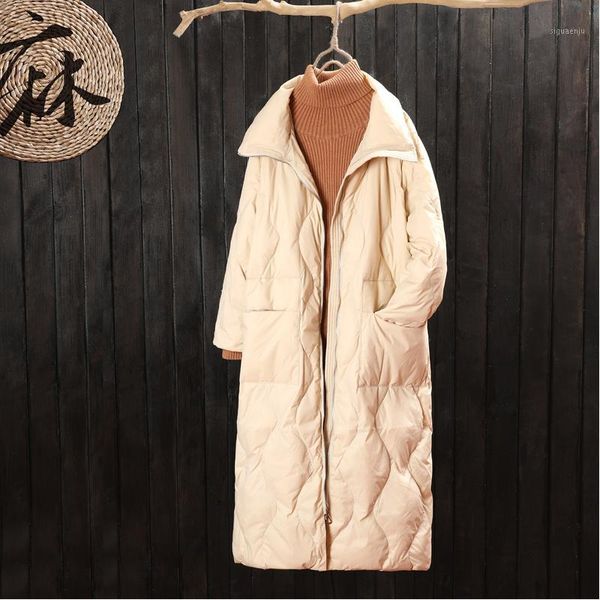 

sale down jacket women 2020 new white duck down loose large size long section over the knee winter 80% white duck coat tide1, Black