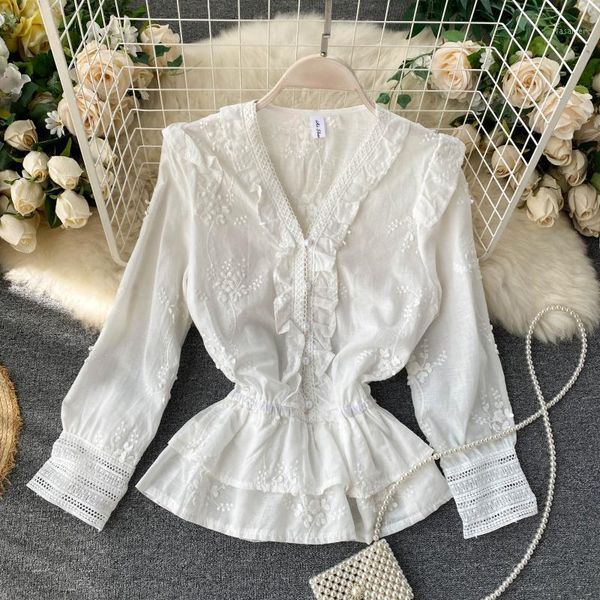 

autumn 2020 new lady's shirt 3d embroidery slim long sleeve blouse women v neck ruffle fashion elegant shirts n6821, White