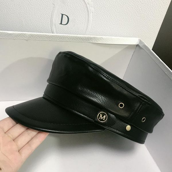 

berets fashion solid visor hat autumn and winter vintage patchwork pu beret cap for women england style flat, Blue;gray