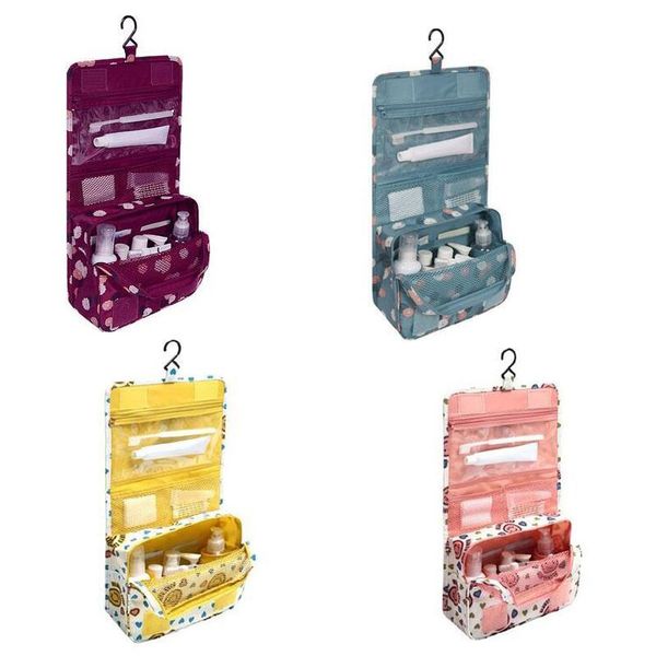 

2019 new design printed portable cosmetic organizer waterproof large capacity hook travel bag hanging toiletry bag wash makeup bags