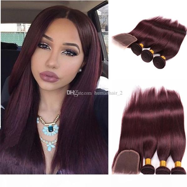 

burgundy hair with lace closure wine red human hair 3 bundles with bleached knots lace closure 99j pure color wine red straight hair, Black;brown