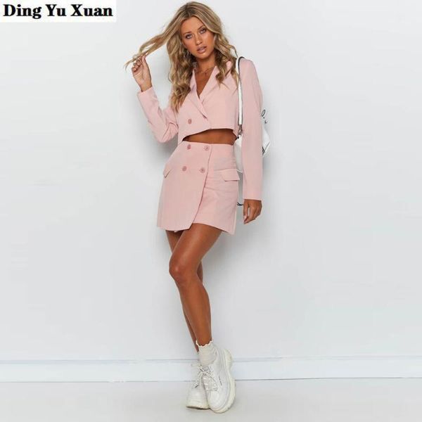 

womens casual streetwear skirt suits jacket and skirt set party 2 pieces suit black red pink crop and short1, White