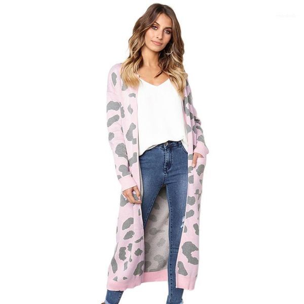 

casual outwear polyester pocket leopard print soft loose long sleeve fashion knee length cardigans knitted warm women sweater1, White
