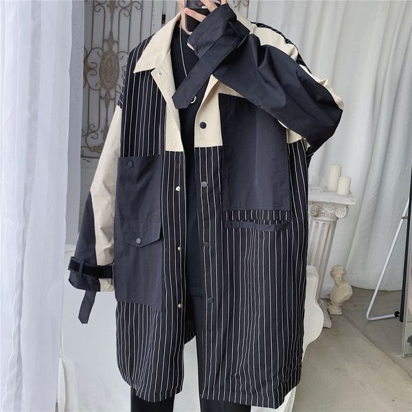 

2021 new korean version loose jacket falling down striped jacket. 23gb, Tan;black