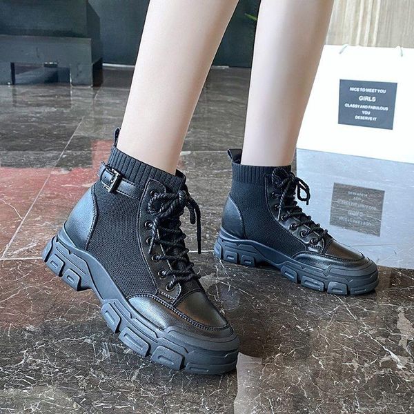 

yrrfuot 2020 autumn new women fashion boots lace up breathable flat with sneakers for women casual trend vulcanized shoes black