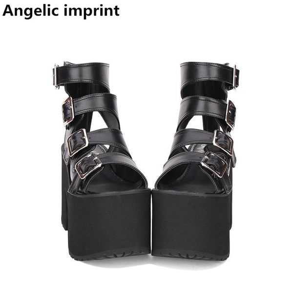 

angelic imprint mori girl women punk motorcycle shoe lady lolita ankle boots woman high trifle heels pumps summer sandals 33-47, Black