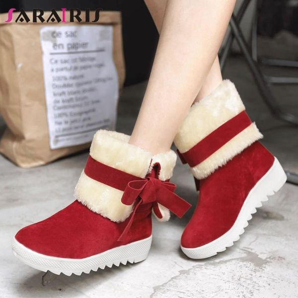 

sarairis winter new ladies warm fur bowtie boots ankle boots women round toe platform thick bottom flat with plush shoes woman, Black