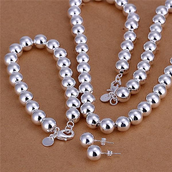 

s082 factory price 925 sterling silver plated 10mm prayer beads necklace & bracelet & earrings fashion jewelry set wedding gift for woman, Black