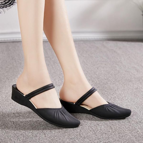 

two-ways wearing closed toe sandals women pointed toe flipflops wedges heel beach shoes candy elastic band v-open sandalias lady, Black