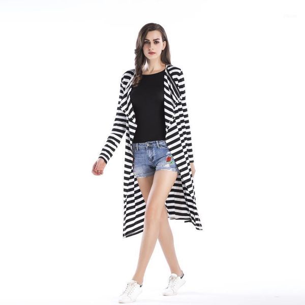 

autumn medium and long style thin cardigan feminino long sleeve women knitting coat casual striped outwear turn dwon collar1, Black;brown