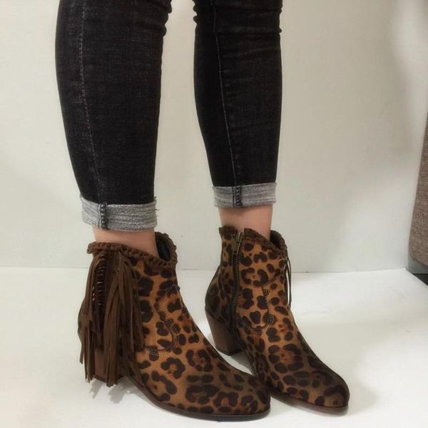 

mixed colors fringe leopard fashion women mid calf boots round toe vintage winter boots zipper med square heel plus size shoes, Black