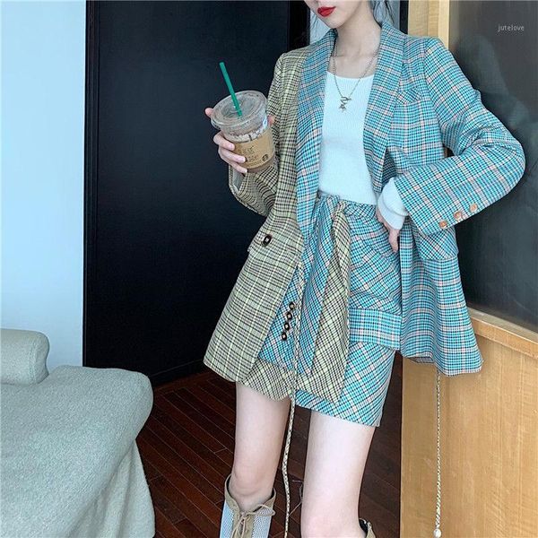 

single breasted plaid two-pieces women skirt suit casual streetwear female sets fashion office ladies blazer suits new1, White