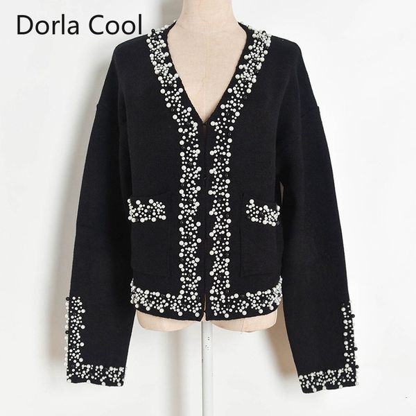 

female runway european designer cardigans with v luxe beading cleavage trimmings double pockets thick office lady sweaters kozc, White;black
