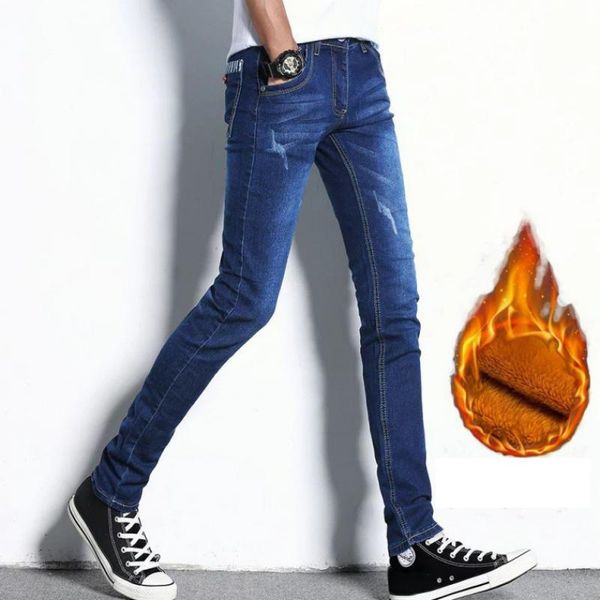 

men's jeans autumn winter 2020 teenagers plus velvet thick gray slim stretch thicken wool thermal trousers feet pencil pants, Blue