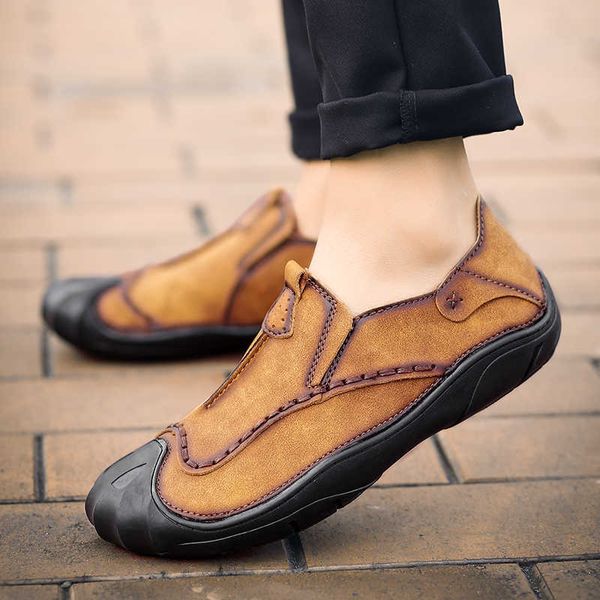 

2022 new men leather casual shoes fashion hiking outdoor trekking slip on flat handmade sewing comfortable size38-44 designer classic luxury, Black