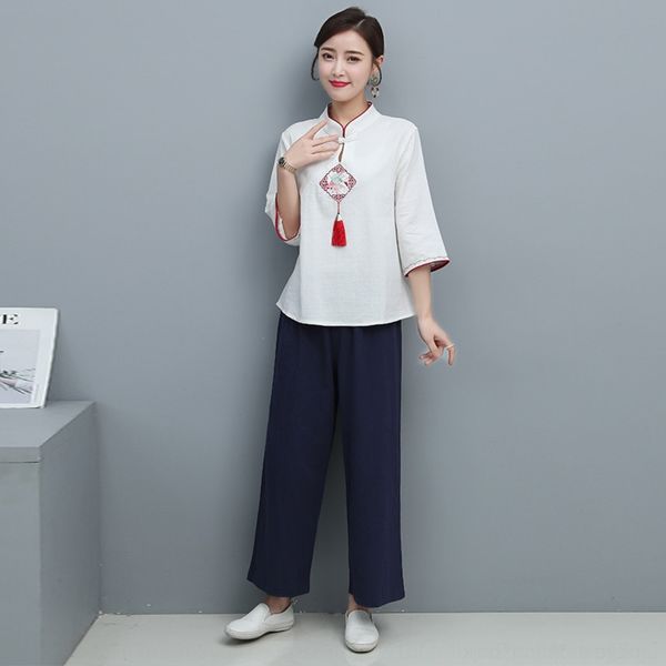 

vx3fl spring yoga cotton embroidered linen summer chinese style suit and linen yoga cotton women's and chinese monk's clothing art, Gray