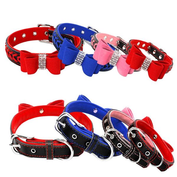 

bling rhinstone dog collar bowknot padded leather puppy cat pet collars braided for small medium dogs chihuahua yorkie wmthpg