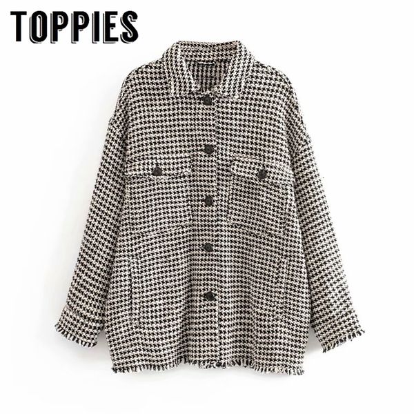 

twill tweed jacket women vintage single breasted tassel coat european houndstooth jacket plus size oversize coat 201106, Black;brown