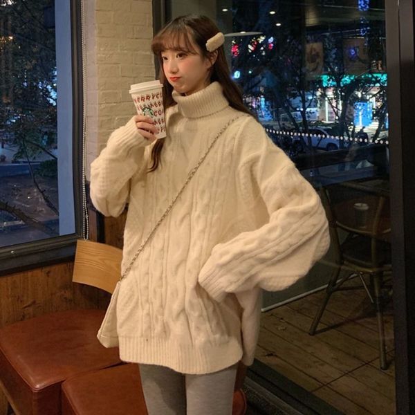 

female 2021 sweater autumn and new winter thickened lazy torsion loose style mesh turtleneck xsvg, White;black