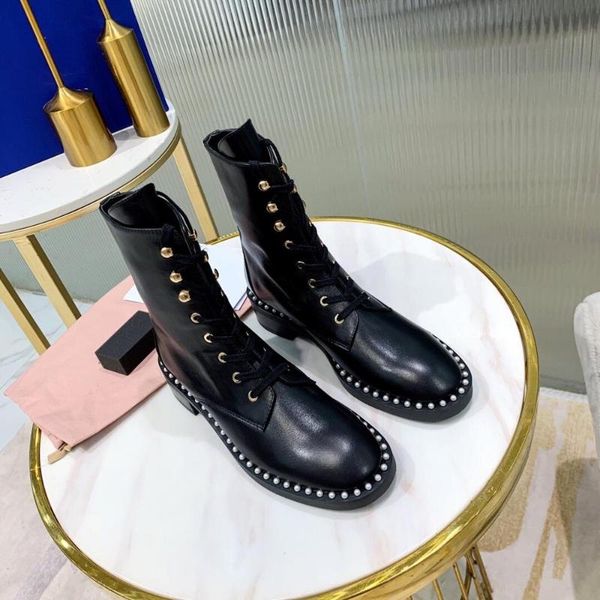 

boots 2021 shoes woman leather mid-calf pearl decora low heels round toes lace-up bota feminina winter, Black