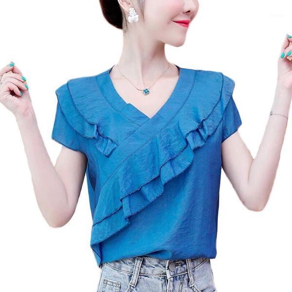 

fashion ruffles women blouses summer short sleeve v-neck korean chiffon blouse women shirts plus size camisas mujer1, White