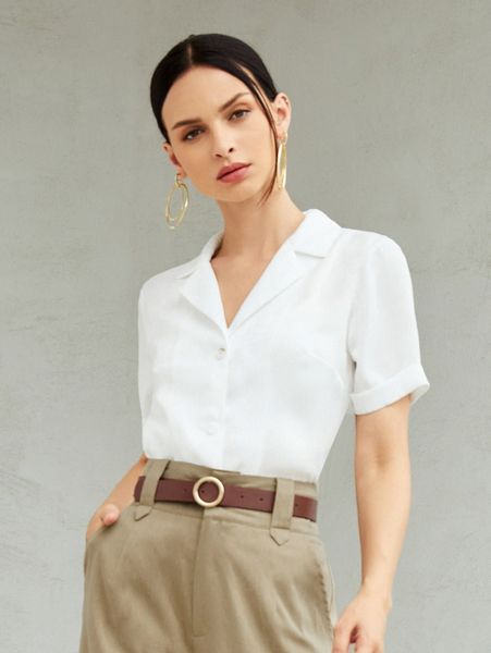 

velvet lapel neck solid blouse b4ii#, White