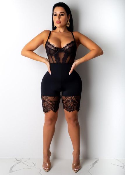 

women sleeveless bodycon strap lace patchwork romper backless bodysuit short pants black jumpsuit club party clothing1, Black;white