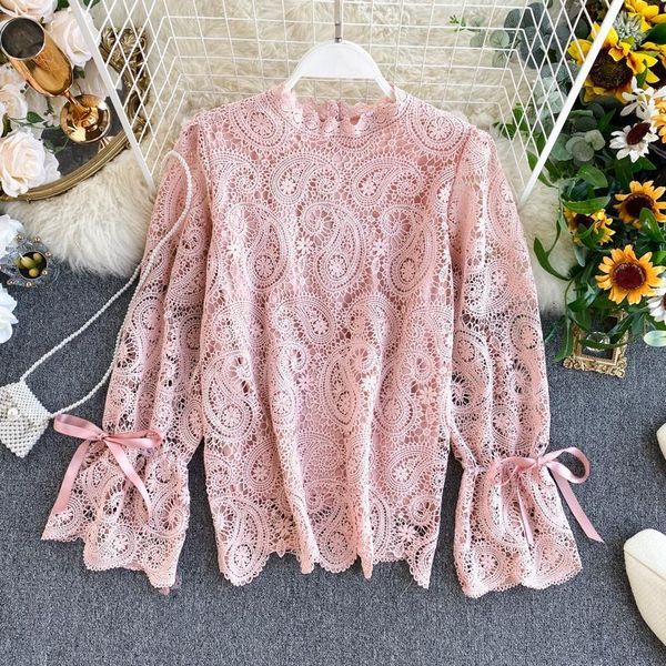 

women's lace shirt hollow flare sleeve korean loose wild lace shirt spring autumn o-neck office lady women ml665, White