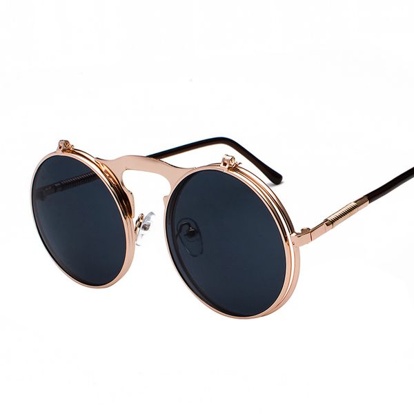 

mens retro steampunk circle vintage round flip up sunglasses women men punk style sunglass metal frame black sun glasses male uv400, White;black