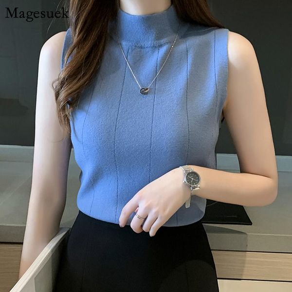 

new 2021 sleeveless summer blouse women korean knit elastic casual clothes solid turtleneck fashion ladies blusas 8623 50, White