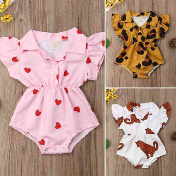 2021 Nova Moda Crianças Crianças Bebê Meninas Meninos Meninos Romper Manga Curta Definição De Gola Jumpsuits Verão Roupas Leopard Hearts G220223