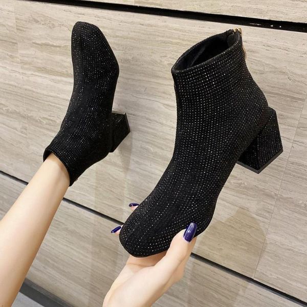 

shoes women's rubber boots luxury designer boots-women flat heel crystal winter footwear zipper rain rock high heel fashion, Black