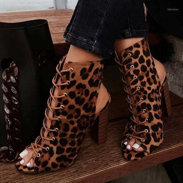 

boots perixir leopard gladiator women chunky heels cross-tied boot peep toe lace up pumps woman sandals shoes size 35-42 botas1, Black