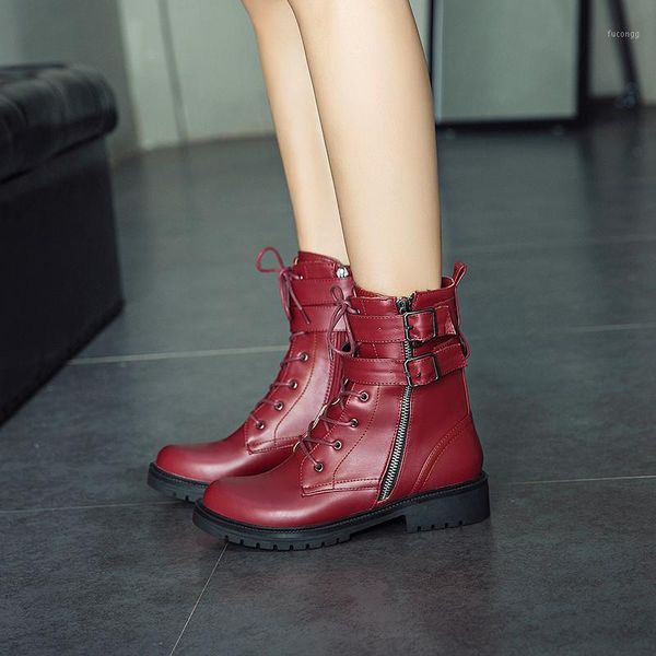 

ymechic autumn winter motorcycle combat boots for women buckle strap zipper block heel ankle boot punk shoes plus size1, Black