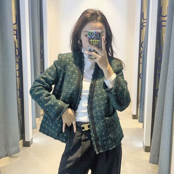 

2021 new msd green white korean plaid small fragrance knitted jacket suit collar casual simple women gvrh, Black;brown