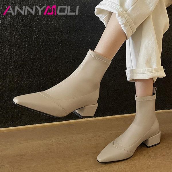 

annymoli woman boots pointed toe ankle boots med heel short chunky heel shoes ladies footwear autumn black brown size 40