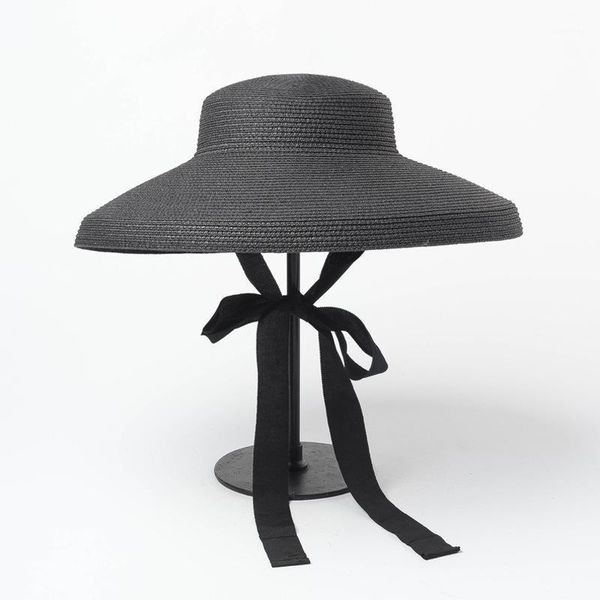 

01902-hh7294 hepburn style black ribbon paper flat lady leisure sun cap women straw holiday beach leisure hat1, Blue;gray
