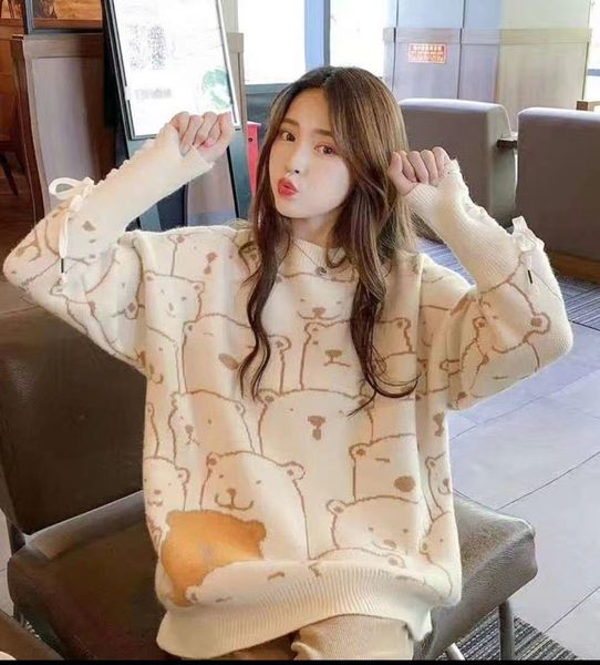 

cashmere bear bandage sweater women's new autumn new pullover loose knit pullover knitwear knitwear long sleeve m0okp, White;black
