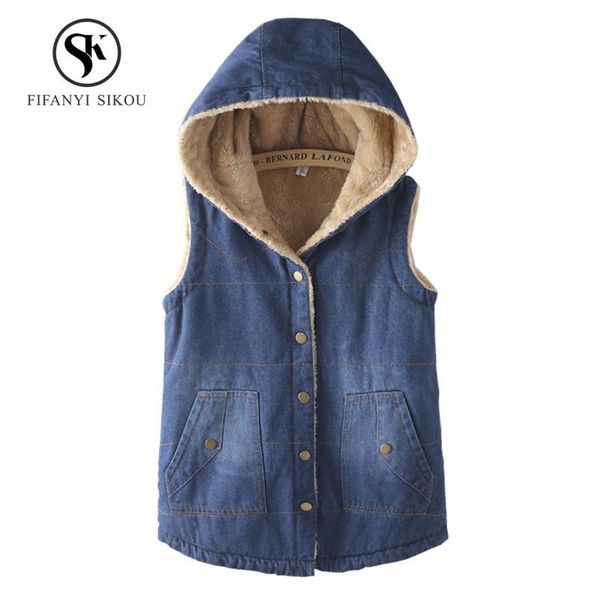 

women's vests autumn winter women denim vest jacket fashion thick warm lambs wool hooded coat female loose plus size waistcoats, Black;white