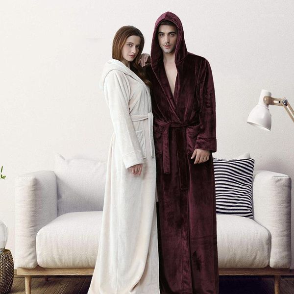 

2019 new couple warm sleepwear nightgown loose hooded thick flannel sleep shirt dress loose winter lovers kimono bathrobe gown1, Black;brown
