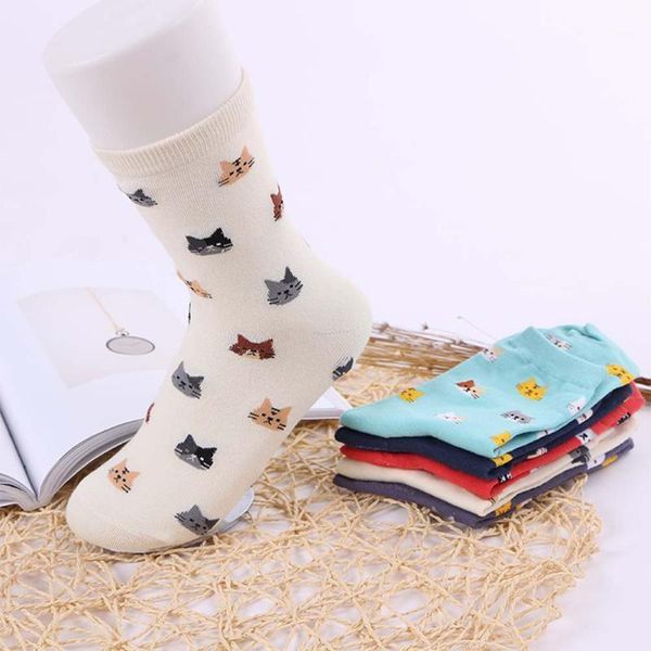 

5 pairs soft casual ladies autumn winter stretch warm in tube cotton blend cute animal cat print cartoon women socks assorted1, Black;white