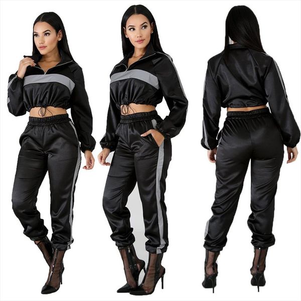 

2 piece set sportwear 2020 autumn reflective tracksuit women clothes black crop pants sweat suit outfits matching sets l20, Gray