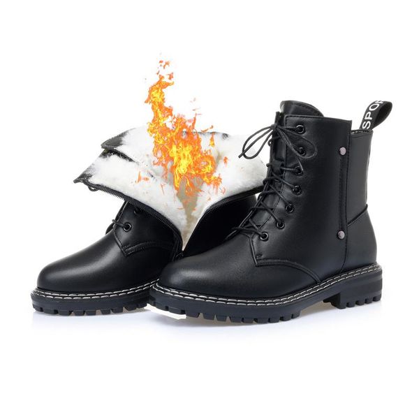 

boots nakkenmen genuine leather snow women's warm wool winter lace up fashion thick fur ankle female shoes, Black