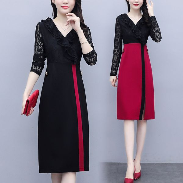

womens lace neckline in v 2021 spring plus size fat 100 kg woman ladies work wear party dress tr3m, Black;gray