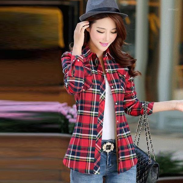 

women blusas mujer de moda 2021 casual lapel plus size plaid shirt long sleeve autumn winter fleece flannel retro lapel1 women's blouse, White