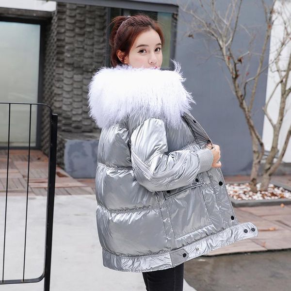 

silver women winter coat duck down filler lambswool collar hooded female down jacket thick warm fashion women parkas1, Black