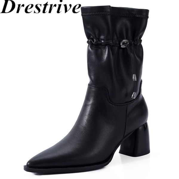 

drestrive woman ankle boots full genuine leather high heel elastic band pointed toe 2021 winter shoes woman black cow leather