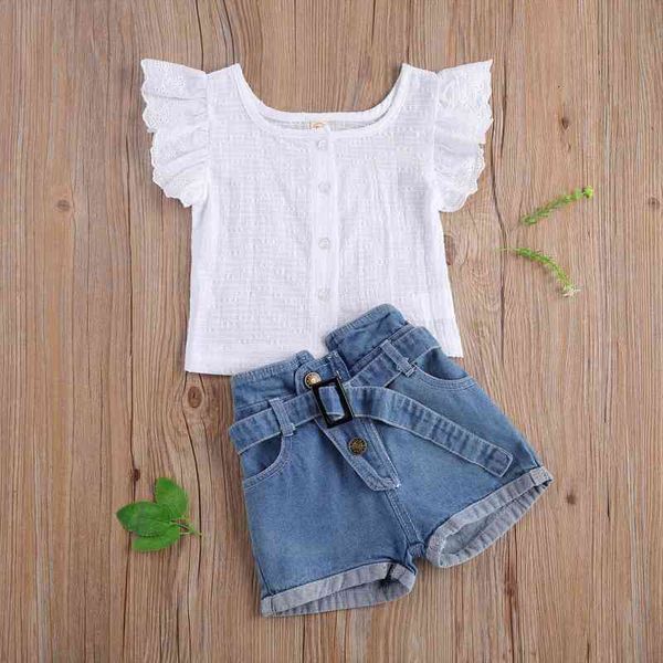 

baby girls clothes sets summer toddler fashion ruffle short sleeve t-shirt denim shorts belt 3 piece kids clothes, White