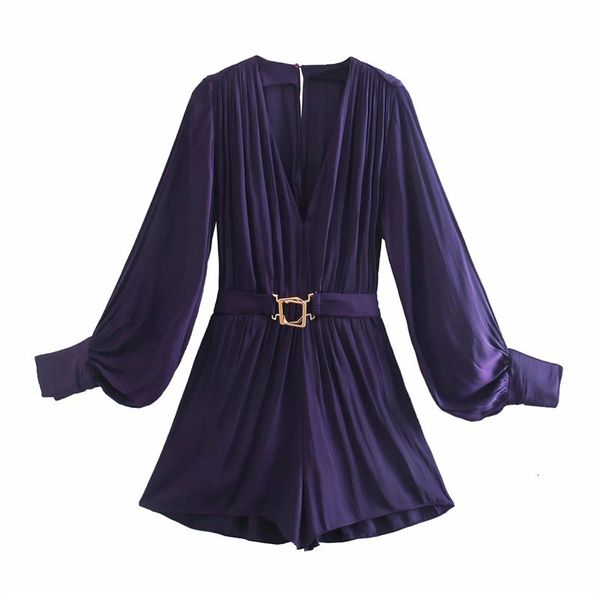 

2021 new purple belt short women fall v neck long puff sleeve elegant jumpsuit elastic waist ladies jumpsuits h2q9, Black;white