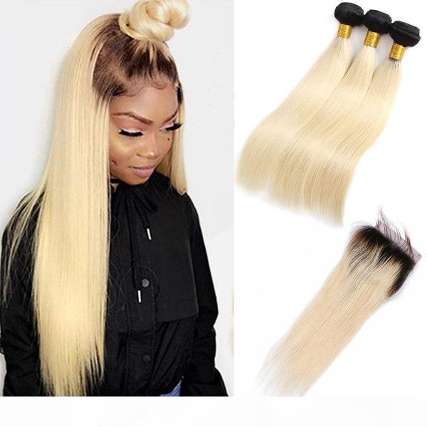 

малазийский человеческих волос 3 связки с 4x4 lace closure 1b 613 straight 1b 613 double утки с кружевом затворы 10-28inch, Black;brown